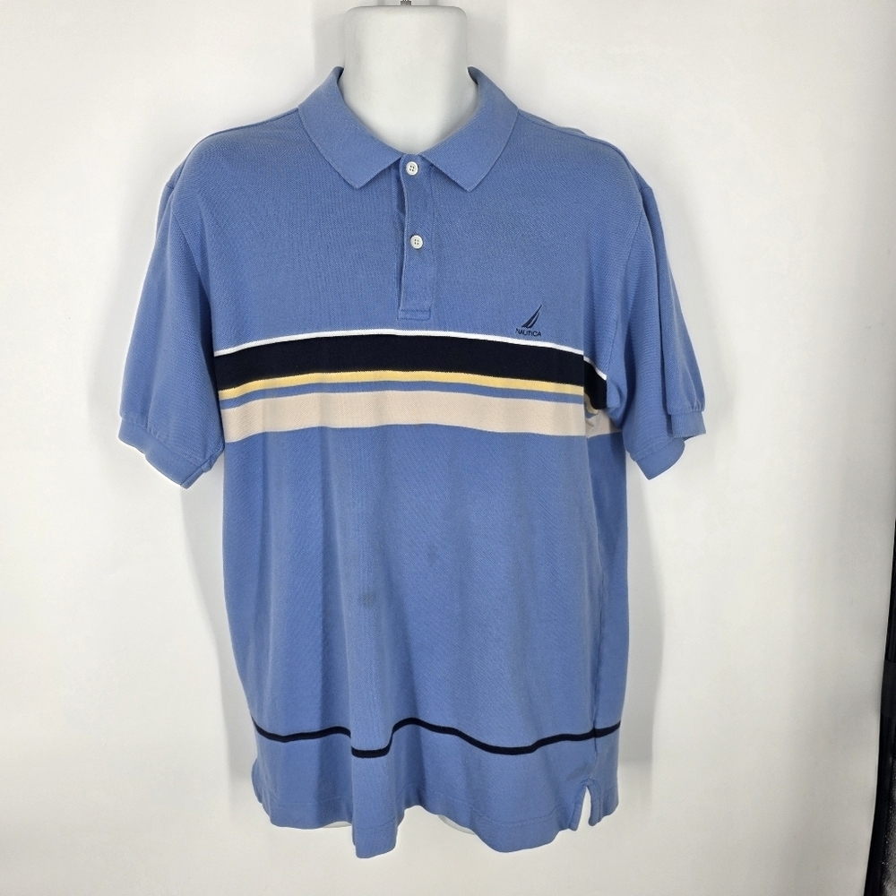 Nautica Men's Large Blue Striped Polo Shirt Short Sleeve 100% Cotton Preppy